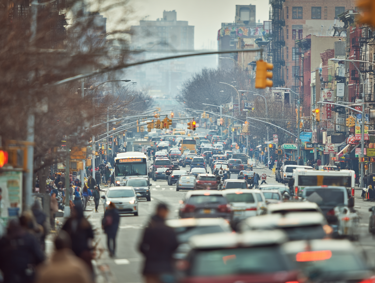 Busy Flatbush Avenue in Brooklyn with heavy traffic, buses, pedestrians, and street noise atmosphere